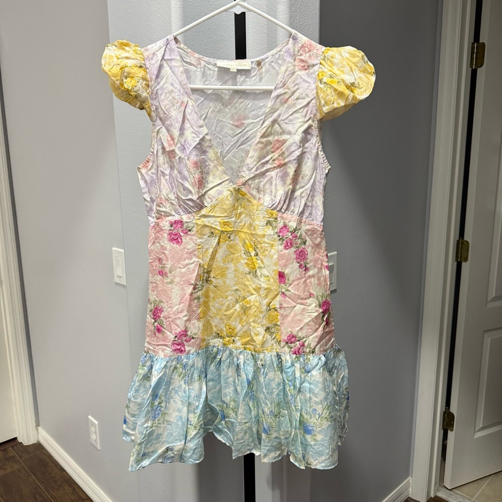 Love Shack Fancy Silk Mini Dress Russ Rainbow Patchwork Size 4 - Picture 4 of 9